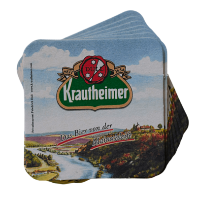 Vorderseite eines Krautheimer Bierdeckels mit Logo und Bier von der Mainschleife Schriftzug